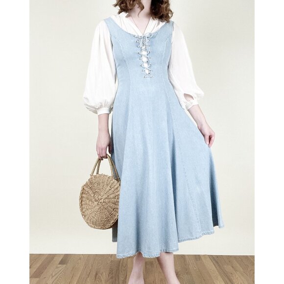 Vintage Lace Up Corset Midi Maxi Dress Summer Sun A-line Whimsigoth Cottagecore - Picture 5 of 10